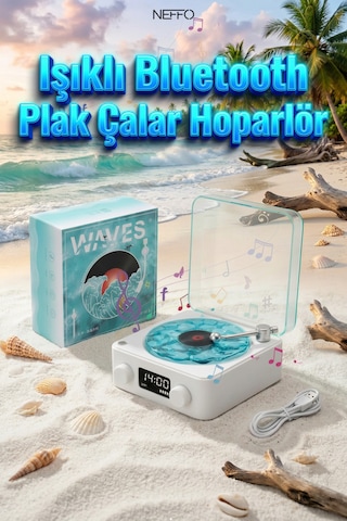 Waves Nostalji Plak Çalar Bluetooth Subwoofer 3d Ses Dalgası Retro Müzik Plak Çalar Mavi