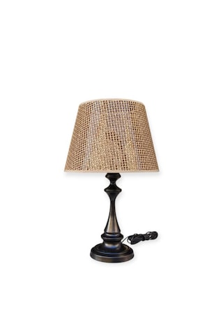 Faro Abajur Siyah Metal Gövdeli Rattan Kahverengi Şapkalı Koyu Siyah