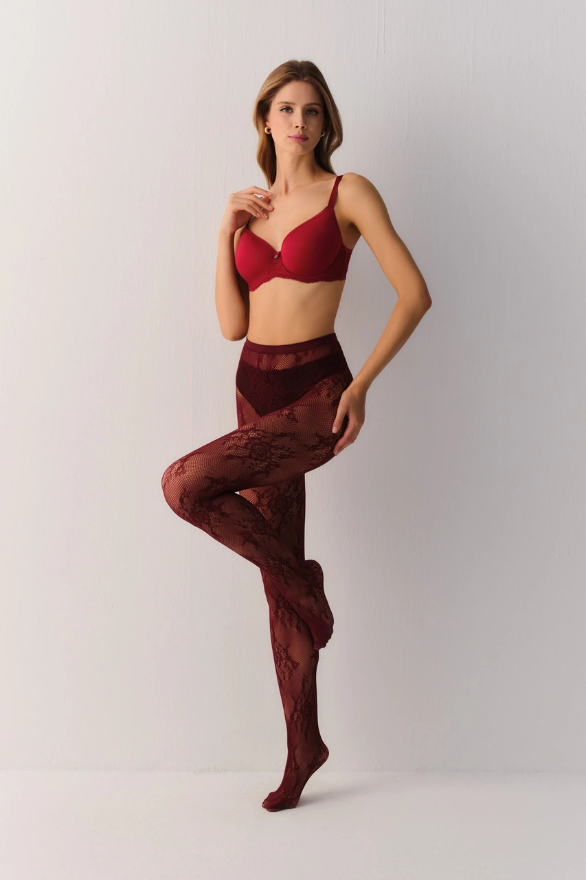 Suwen Fishnet Lace Külotlu Çorap Sc3048020 Bordo