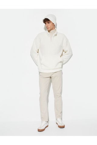 Koton Peluş Sweatshirt Yarım Fermuarlı Dik Yaka Cepli Ekru 4wam70438mk Ekru