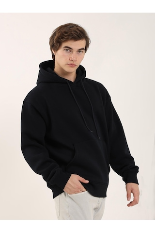 Dufy Erkek Oversize Düz Pamuklu Kapüşonlu Sweatshirt Lacivert - 103722 Lacivert
