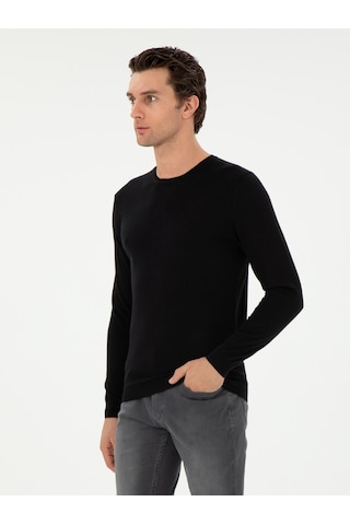 Cacharel Siyah Slim Fit Kaşmir İpek Karışımlı Bisiklet Yaka Triko Kazak