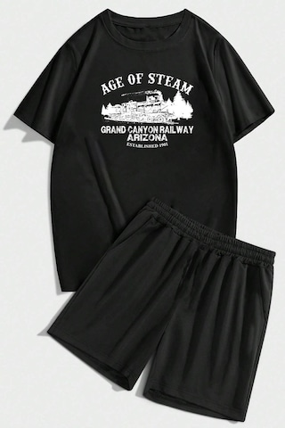 Uyguntarz Unisex Age Of Steam Baskılı Şort Takım Siyah