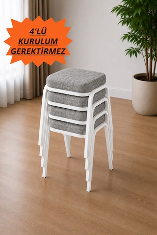 4 Adet Beyaz Metal Ayaklı Boyalı Tabure ,sert Süngerli Çökme Yapmaz , 3 Cm Süngerli, Kumaşlı Beyaz - 4 Adet