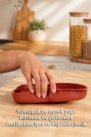 Porsima Mys34005-1 Silikon 3 Bölmeli Kaymaz Bebek Mama Tabağı Kiremit 14 21cm