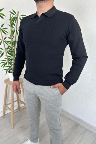 Explode - Erkek Siyah Polo Yaka Regular Triko Kazak Siyah