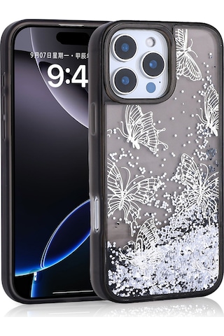 Apple Uyumlu iPhone 14 Pro Max Kılıf Sıvılı Simli Kelebek Baskılı Şeffaf Arka Yüzey Tchs Glis Silikon Kapak - Mor Mor