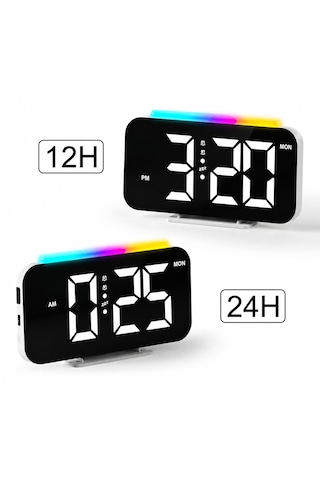 12h/24h Dijital Led Saat, Üç Ses Seviyesi, Çift Alarm, Rgb 10 Gece Lambası, 5 Parlaklık Seviyesi Siyah