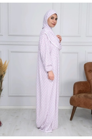 Pamuk Başörtülü Pratik Namaz Elbisesi Beyaz