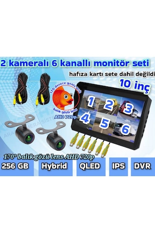 2 Adet Ledsiz Ahd 720p Balık Gözü Kelebek Kamera 6 Kanallı Qled 10'' Dvr Monitör 12 V 256 Gb