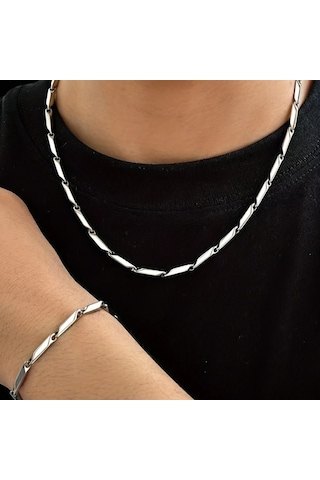 Çelik Takı Seti Bileklik Kolye Titanyum Melon Düz Model 3 Mm Kalınlık 22-55 Cm Uzunluk Gümüş Silver Gümüş