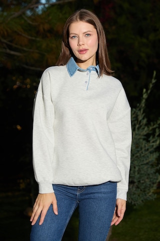 Fullamoda 3 İplik Kot Garnili Gömlek Yaka Oversize Sweatshirt Gri