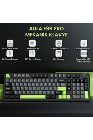 Aula F99 Pro 3 Modlu Rgb Hot Swap Mekanik Graywood V3 Switch Kablosuz Makrolu Gaming Klavye Yeşil