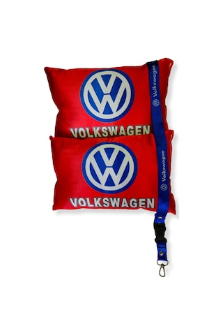 Volkswagen Dijital Baskılı Kırmızı Araç Boyun Yastık 2'li Set Volkswagen Mavi Oto Ayna Askısı Kırmızı