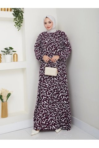 Desenli Önü Büzgülü Viskon Elbise - Mor / E0131 Mor