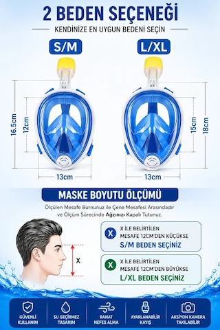 Tam Yüz Şnorkel Maskesi Dalış Maskesi Kadınlar Çocuklar İçin Kulak Tıkacı Hedıye S/m Mavi