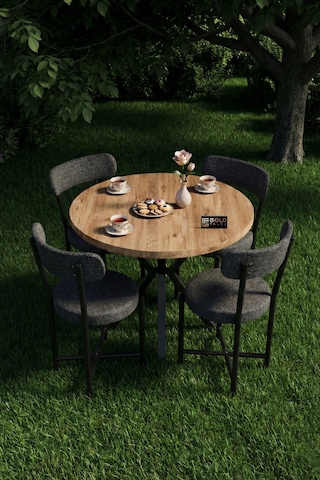 Mutfak Masası 4 Sandalyeli Set 90 Çap Yuvarlak Cafe Balkon Ofis Masa Yemek Takımı Teddy 9861 Antrast Çok Renkli