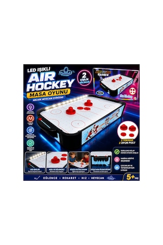 Led Işıklı Masaüstü Air Hockey Oyunu 50x30 Cm 2 Kişilik Hava Hokeyi Arcade Oyun Seti