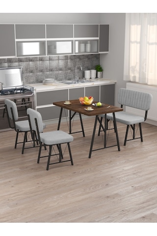 Hayat 70x110cm Sabit Amalfi Mutfak Masası, Mutfak Masası Takımı, Yemek Masası, 2 Sandalye 1 Bench - Açık Gri Açık Gri