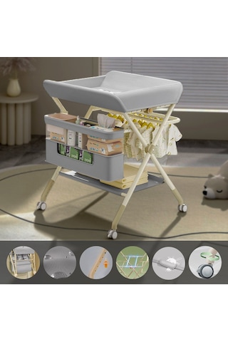 Portatif Bebek Alt Değiştirme Bakım Masası Sepetli Organizer Katlanabilir Taşınabilir İstasyon Tekerlekli Askılık Gri
