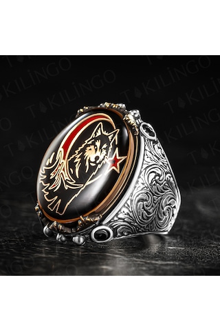Takılingo 925 Ayar Gümüş Ayyıldız İçinde Kurt Başlı Miiliyetçi Erkek Yüzük Gümüş