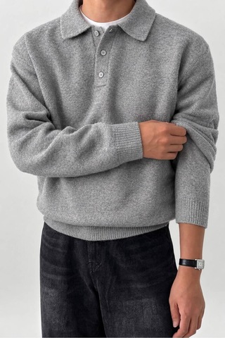 Serablanka Erkek Polo Yaka Oversize Triko Kazak Rahat Kalıp Gri