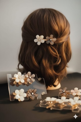 Çiçek Şeklinde Metal Toka, Metal Klipsli Renkli Çiçek Toka 4 Adet Pudra - Siyah