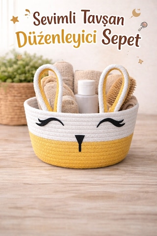 Jasper Bunnybox Jüt İp Sarı Sevimli Tavşan Düzenleyici Sepet Organizer Sarı
