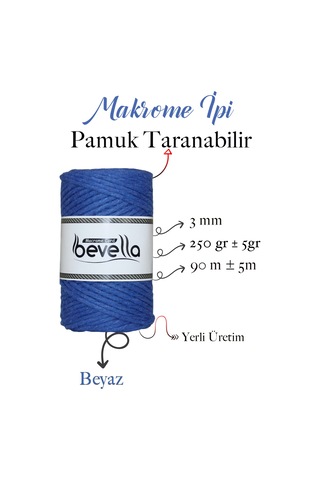 Taranan Makrome Ipi 3mm Taranabilir Pamuk Tek Büküm Makrome Ipi Saks Mavisi