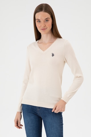 U.S. Polo Assn. Kadın Krem Melanj V Yaka Basic Kazak 50313590-VR159