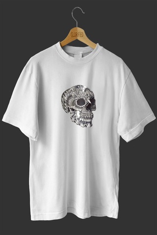 Noıssey -wed Kurukafa Skull 2 Tasarım Baskılı Oversize T-shirt Tişört Beyaz