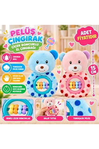 Pl50194 15cm Çiçek Boncuklu El Çıngırağı Peluş Çıngırak Mavi