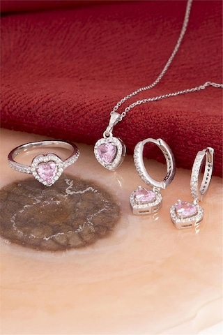925 Ayar Gümüş Rodyumlu Pembe Taşlı Kalp Bayan Takı Seti -8227 Gümüş