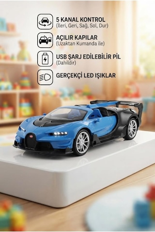 Bugatti Tasarımlı 1:14 Ölçekli Şarj Edilebilir 27 Mhz Uzaktan Kumandalı 28 Cm Spor Araba Mavi