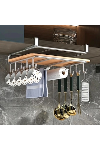 Honeybeeshop Siyah Mutfak Depolama Rafı Bardak Askılı Kesme Tahtası Kağıt Havlu Tutucu Ev Aşçıları İçin Siyah