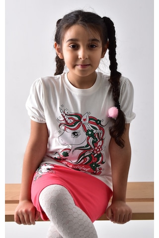 Banadamoda Kız Çocuk Baskılı T-shirt-Etek Takımı Beyaz - Pembe