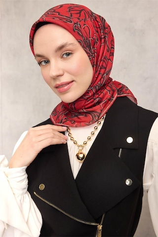 Silk Home Pamuk Polyester Soft Eşarp Kırmızı Zemin Vizon-siyah Lilyum Desenli Kaymaz Tok Duruşlu 90x90 Çok Renkli