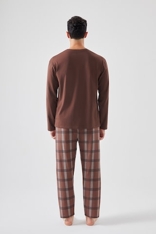 Erkek Pamuklu Uzun Kollu Ekose Desenli Pijama Takımı Ke77614 Kahverengi