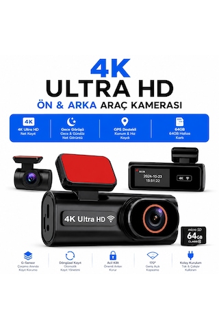 Hpytech 4k Ultra Hd Mini Araç Kamerası Ön Ve Arka Çift Kameralı Wifi Gps Destekli Gece Görüşlü 64gb Hafıza Kartlı G-sensörlü Araç İçi Kamera