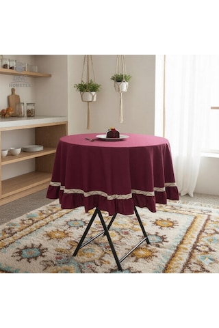 Dnc Home Tekstil Premium Keten Bordo Yuvarlak Fırfırlı Özel Seri Masa Örtüsü Bordo