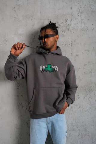 Mbb E-ticaret Erkek 3 İplik Pamuklu Kapüşonlu Baskılı Cepli Oversize Sweatshirt Hoodie - Gri