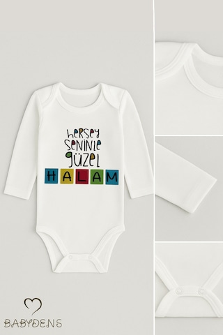 Babyden's Her Şey Seninle Güzel Halam Uzun Kollu Yazılı Bebek Zıbını Çıtçıtlı Body Beyaz