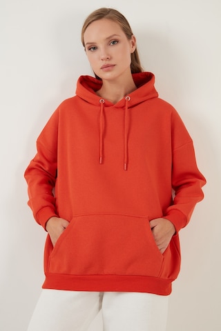 Lela Regular Fit Pamuklu Kapüşonlu Yaka Şardonlu Kışlık Bayan Sweat 5863854 Oranj
