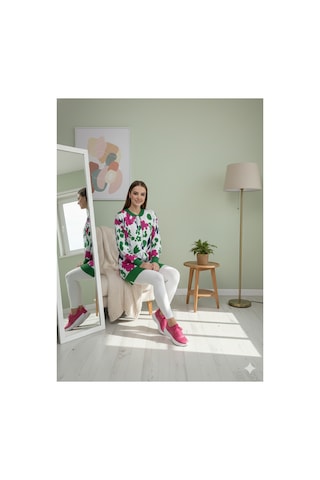Polologin Butik Kadın Çiçek Desenli Jakarlı Uzun Ribanalı Tunik - Fuşya/yeşil Yeşil
