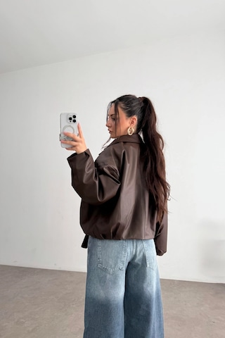 Pop Story Kadın Oversize Bomber Premium Deri Ceket Kemerli Kahverengi Kahverengi