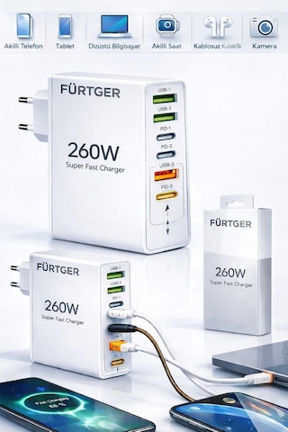 Fürtger German Frt-25w B 260w 3 Type-c + 3 Usb-a Toplam 6 Çıkışlı Süper Hızlı Şarj Aleti Fürtger German Frt-25w B 260w 3 Type-c + 3 Usb-a Toplam 6 Çıkışlı Süper Hızlı Şarj Aleti