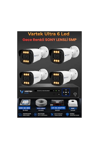 4 Kameralı Ultra 6 Ledli 5mp Sony Lensli Gece Renkli Güvenlik Kamerası Seti 1000 Gb Hdd