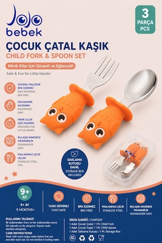 Turuncu Baykuş Figürlü Premium Çocuk Bpa Free Silikon Sap Paslanmaz Çelik Uçlu Çatal-kaşık Set 9+ Ay