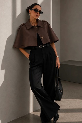 Bb Butik Basic Kadın Premiun Omuz Apoletli Crop Panço Trençkot Fs3434 Kahverengi