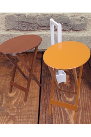Çanta Zigon Sehpa Oval Model İkili Takım Ahşap Mdf Hardal Ve Ceviz Renk Uyumu El Yapımı